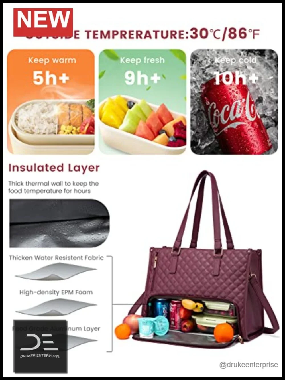 Quilted Lunch Tote Bag with Insulated Compartment, Laptop Bag for Work & Travel